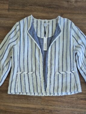 Chico's White and Blue Striped Collarless Jacket